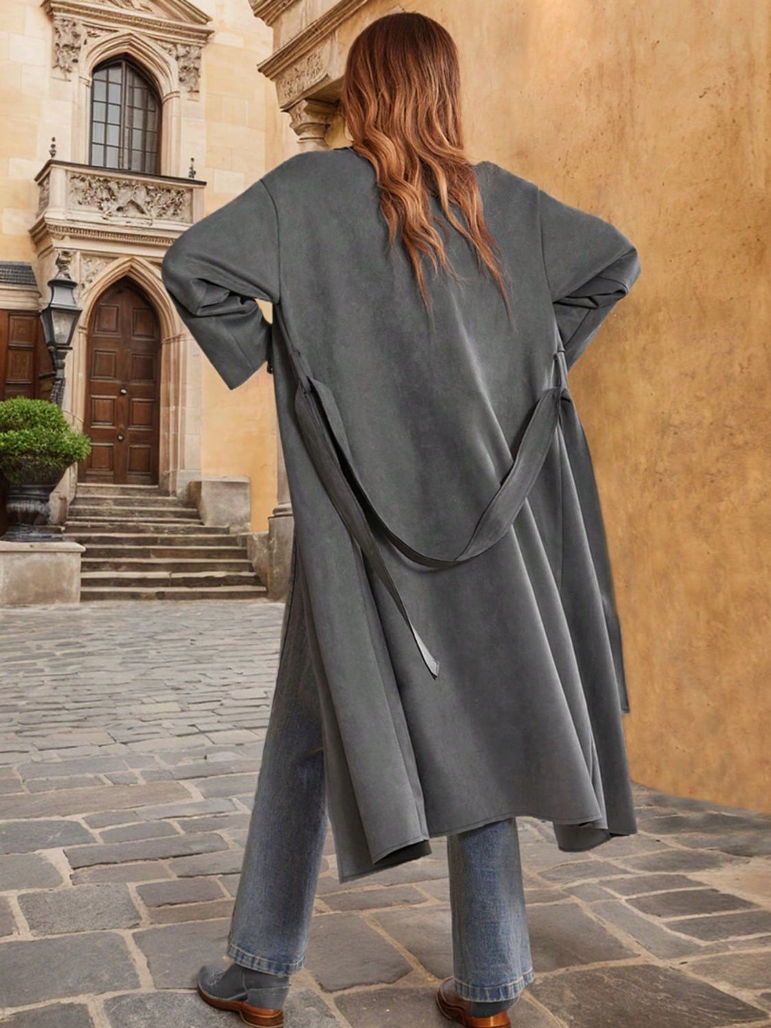 Tie Waist Long Sleeve Coat Trendsi