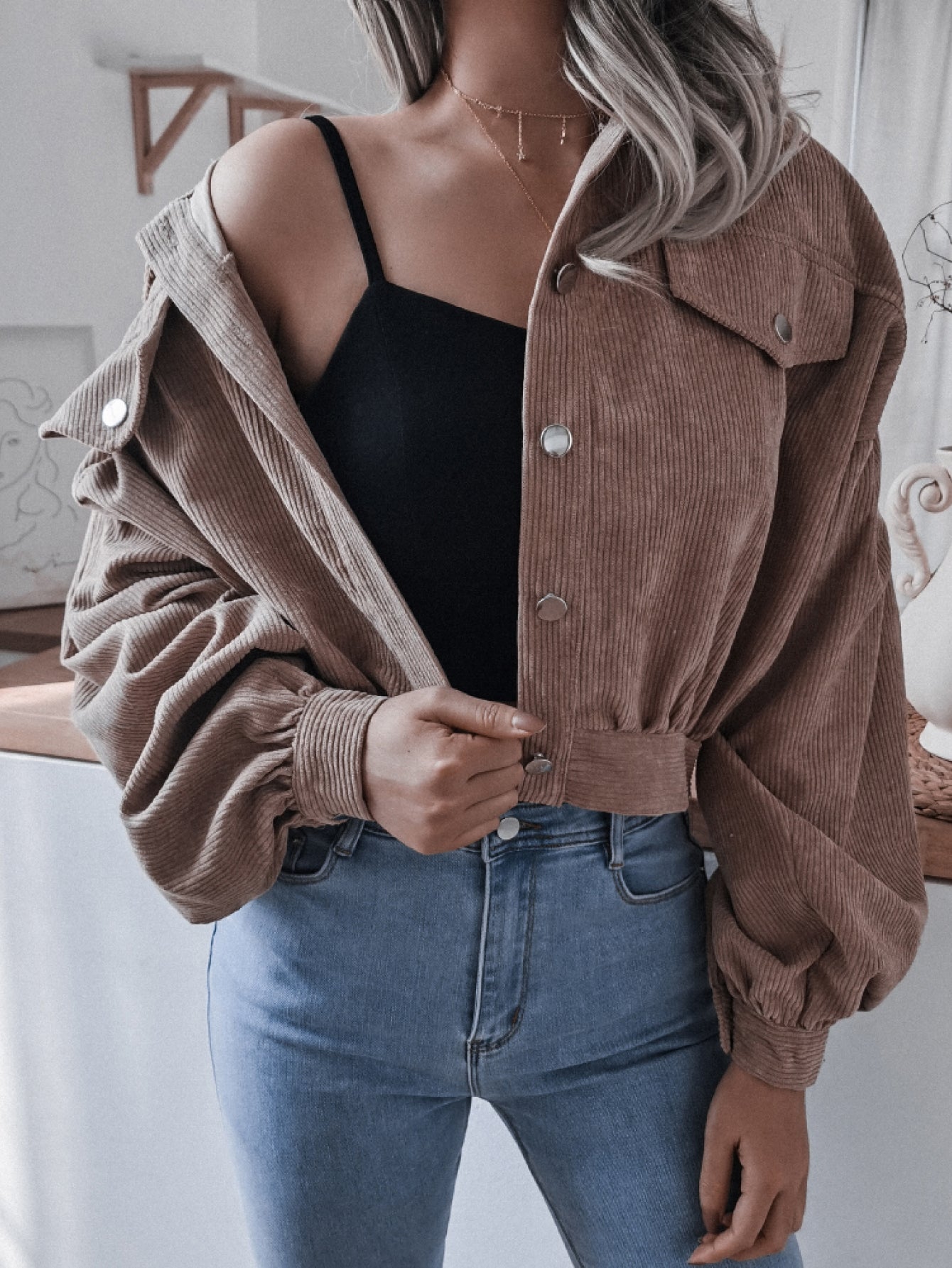 Lantern Sleeve Cropped Corduroy Jacket Trendsi