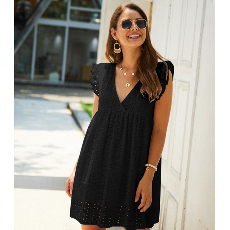 Summer V-neck Cotton Short Skirt Solid Color Dress ARZ