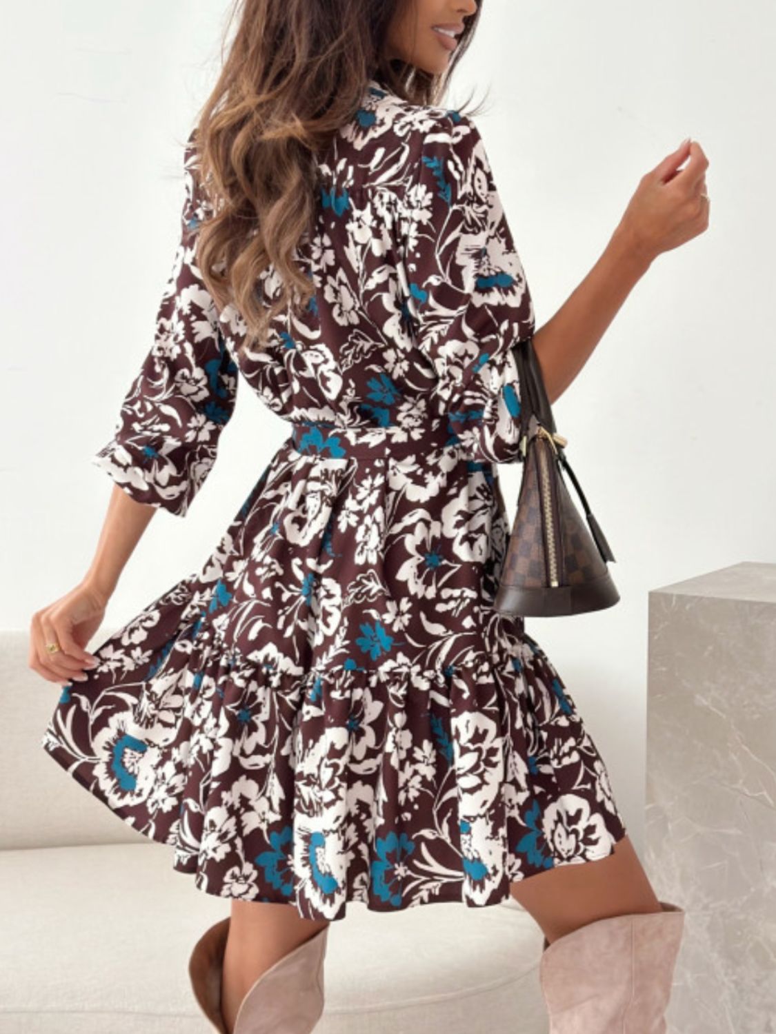 Ruffle Hem Floral Long Sleeve Dress Trendsi