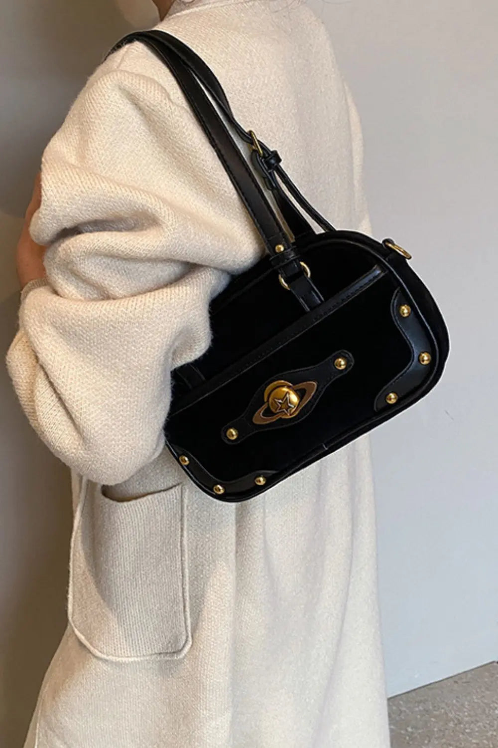 Suede Studded Adjustable Strap Shoulder Bag Trendsi