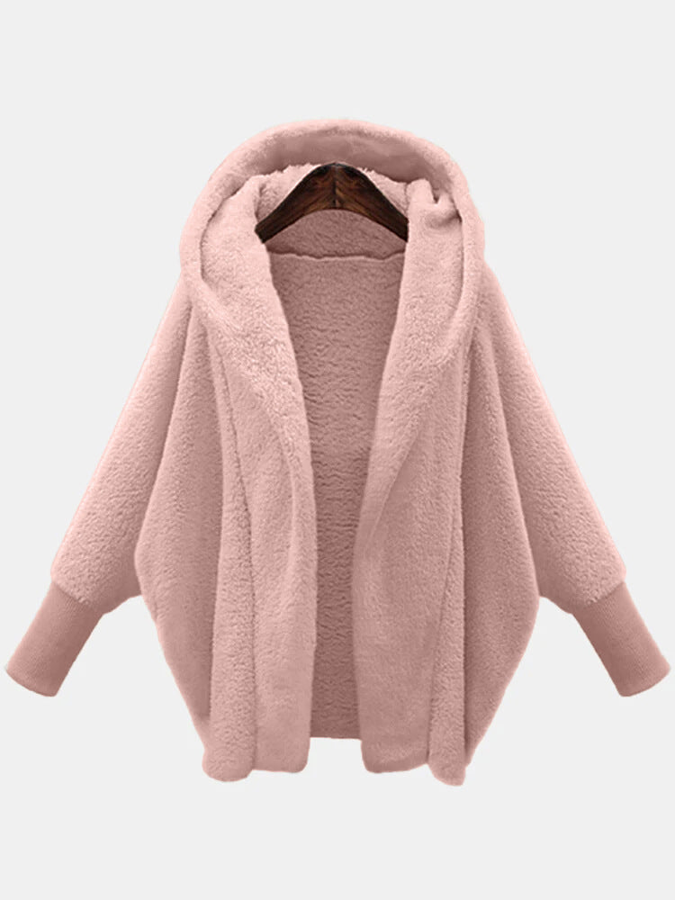 European And American Women's Clothing Solid Color Long Sleeve Hooded Loose Plush Coat ARZ