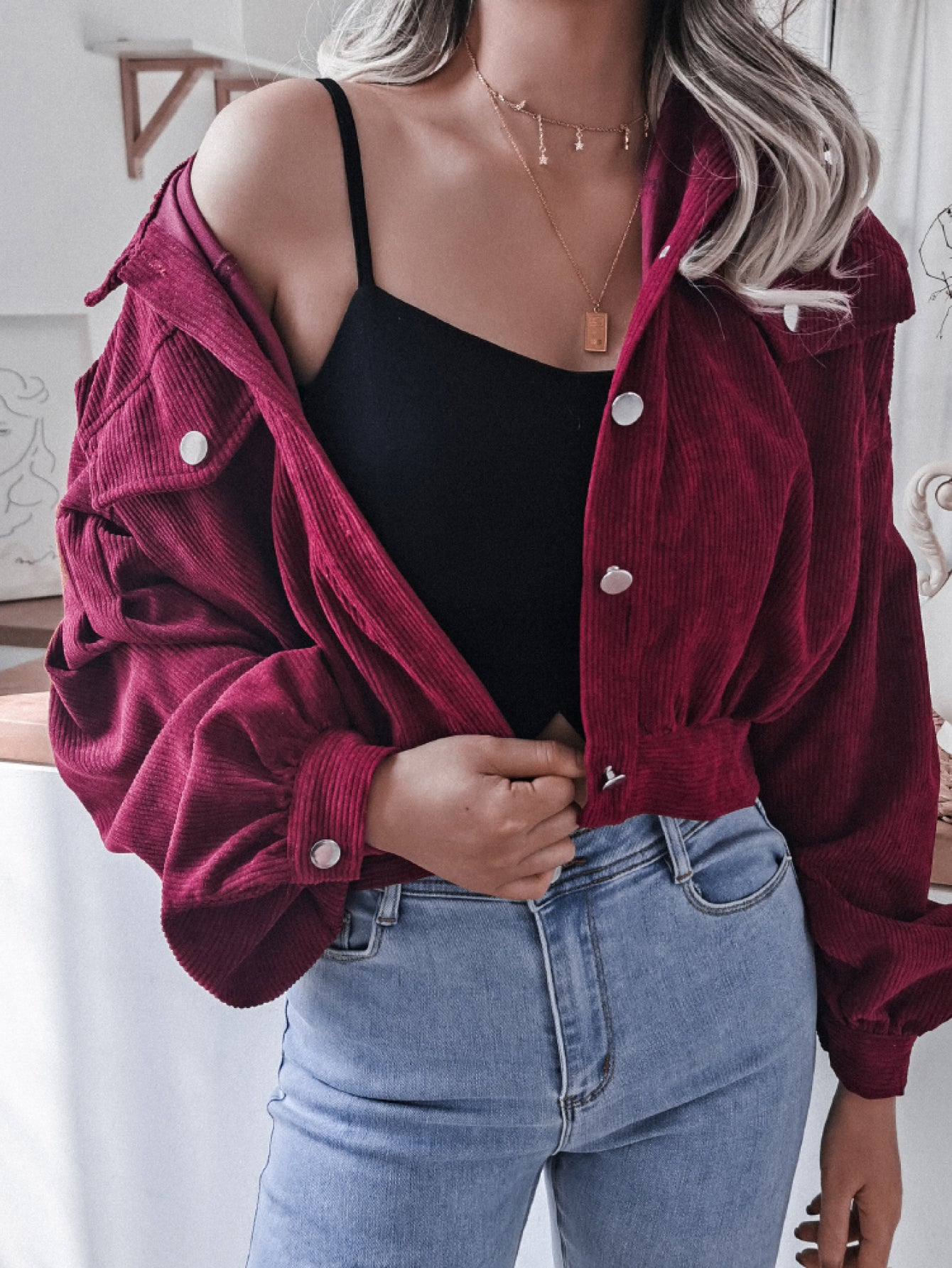 Lantern Sleeve Cropped Corduroy Jacket Trendsi