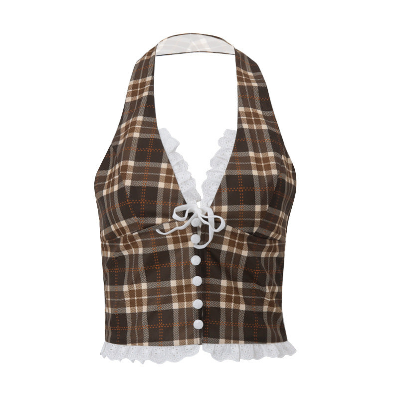 Sexy French Style Sweet Retro Plaid Halter Vest Top ARZ