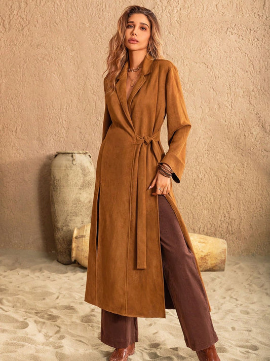 Slit Tied Collared Neck Longline Coat Trendsi