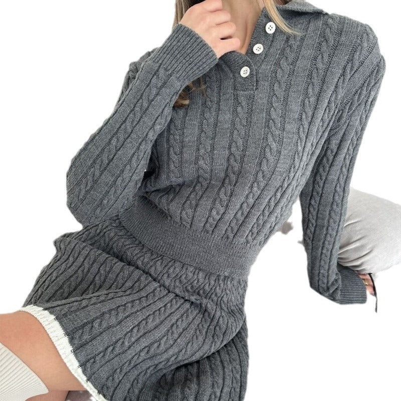 Long Sleeve Knitted Button Sweater Dress Suit Women ARZ