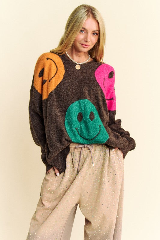 Davi & Dani Contrast Smile Round Neck Oversize Sweater Trendsi