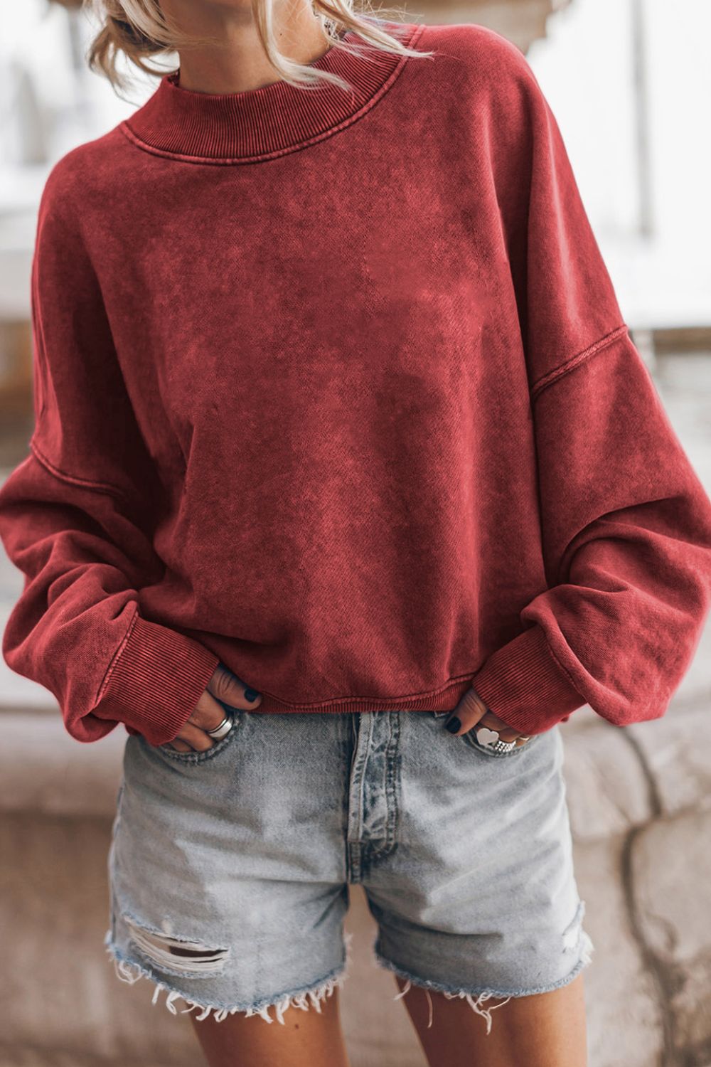 Mock Neck Dropped Shoulder Sweatshirt Trendsi