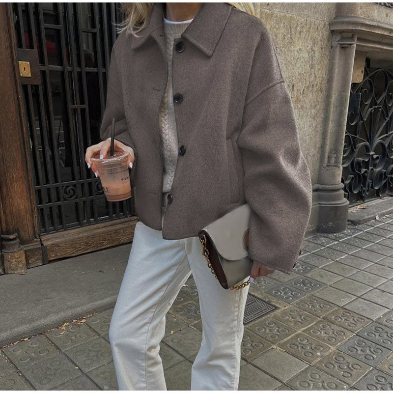 Lapel Long Sleeve Short Button Coat Fashion Women Baggy Casual Jacket ARZ