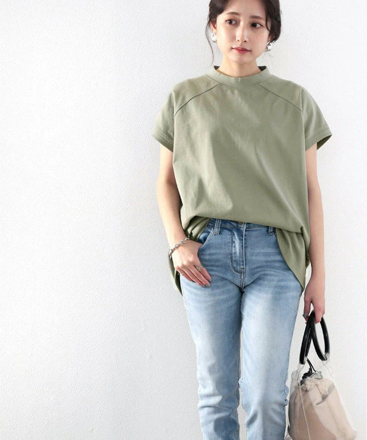 Women's Half Turtleneck Short Sleeve Cotton Loose ARZ