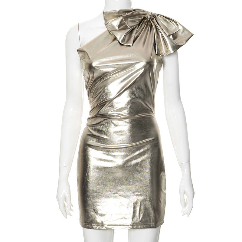 Bow Shoulder Metallic Tight Dress ARZ