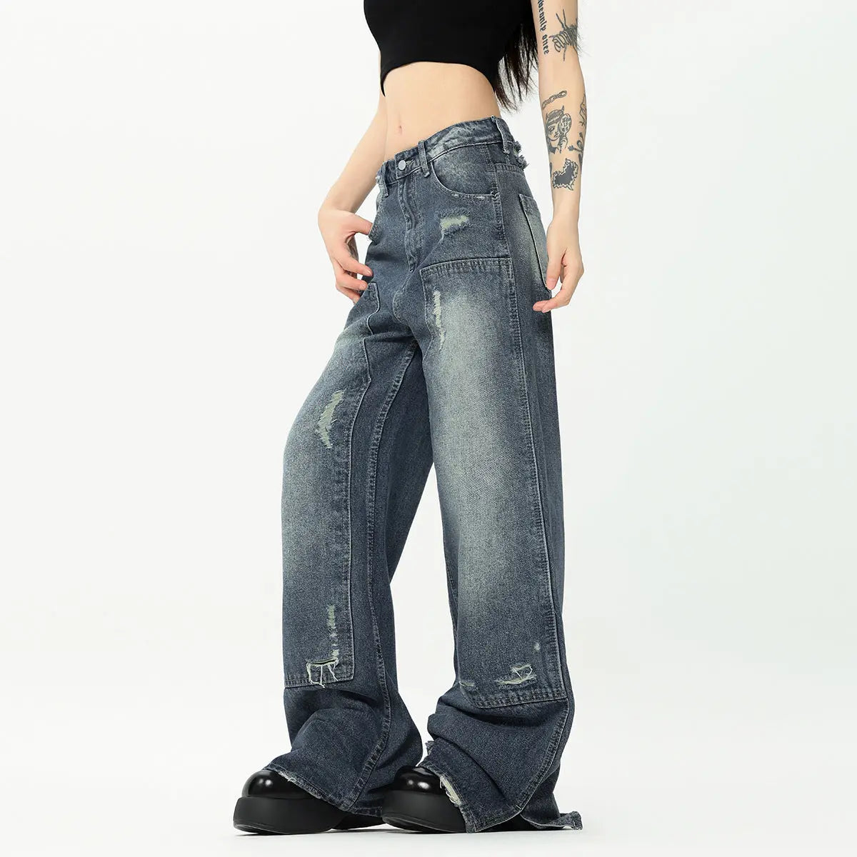 Washed And Frayed High Street Jeans Stitching American Straight ARZ