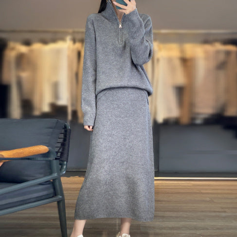 Half Zipper Turtleneck Two-piece Casual Thick Skirt Sweater Set ARZ