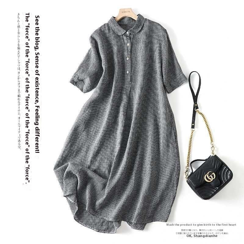 Japanese Yarn-dyed Linen Plaid Dress Retro Easy Matching ARZ