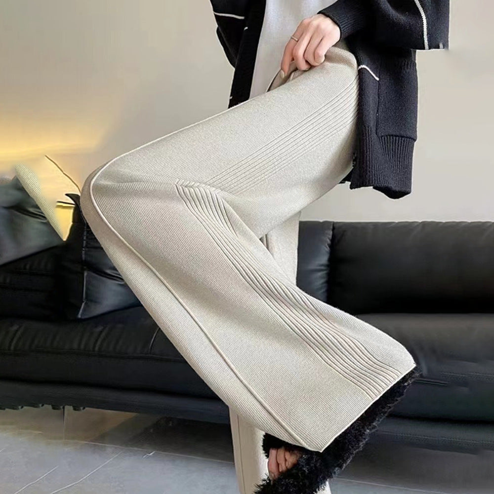 Sunken Stripe Knitted Wide Leg Women's Straight-leg Pants ARZ