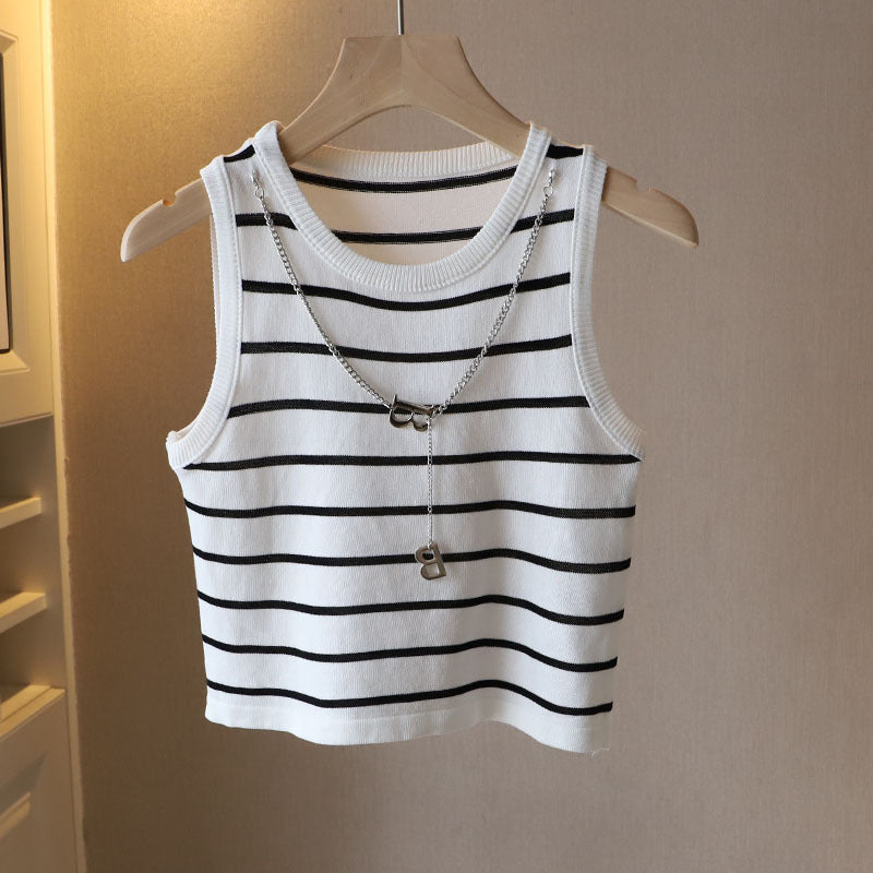 Summer Clothing New Korean Style Women's Contrast Color Striped Round Neck Vest Letter Chain Short Inner ARZ