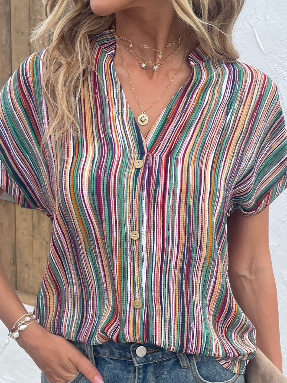 Shiny Striped Notched Short Sleeve Blouse Trendsi