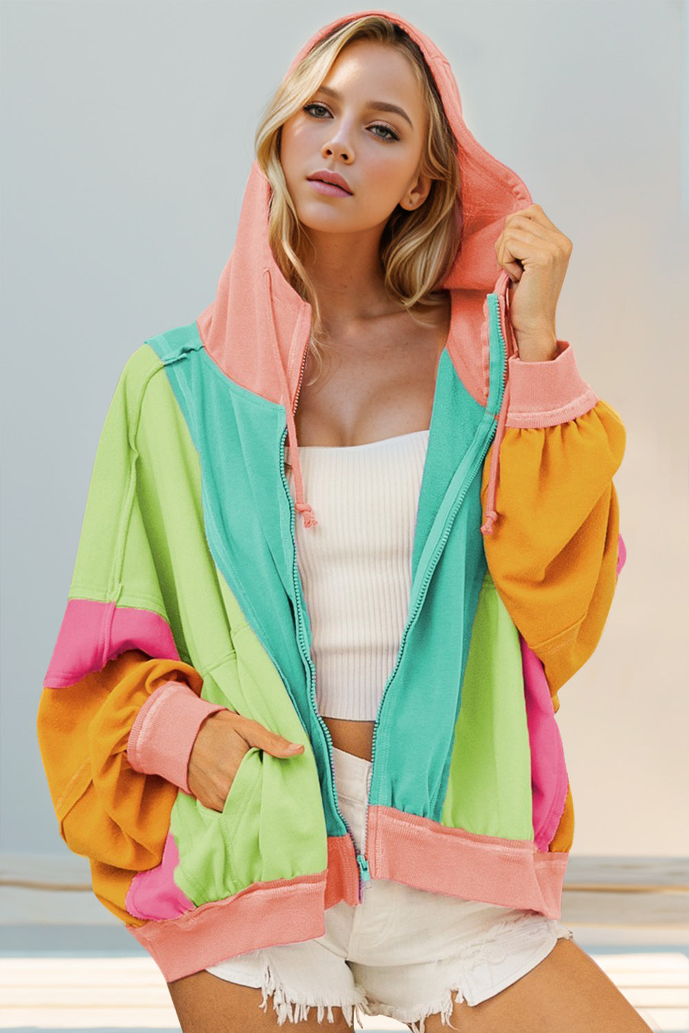 Double Take Full Size Color Block Zip Up Hoodie Trendsi