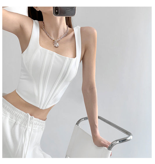 Square Collar Fishbone Waist Girdle Spaghetti-strap Camisole Top ARZ