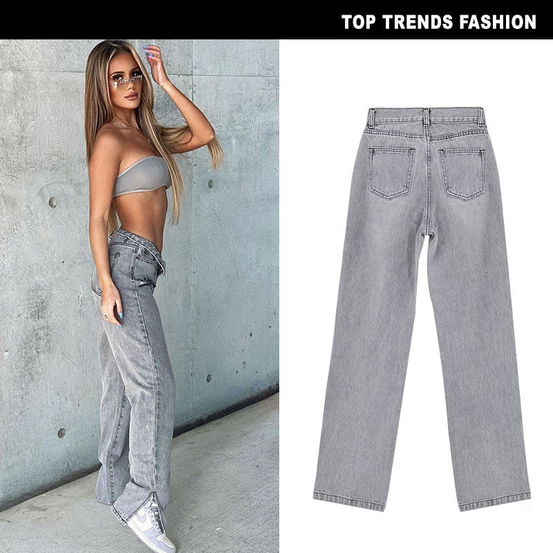 Women's High Waist Sand Gray Straight-leg Denim Trousers ARZ